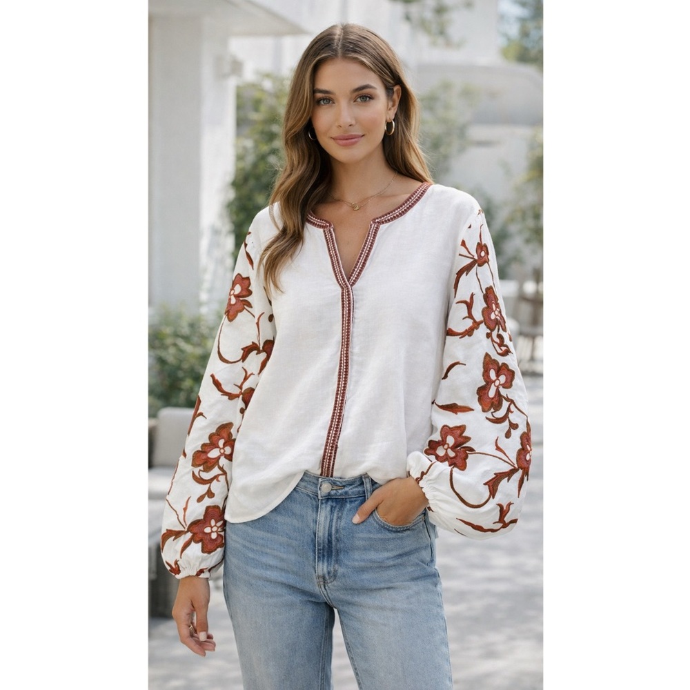 NWT Calypso St Barth Linen Cotton Blend Floral Embroidered Balloon Sleeve Blouse